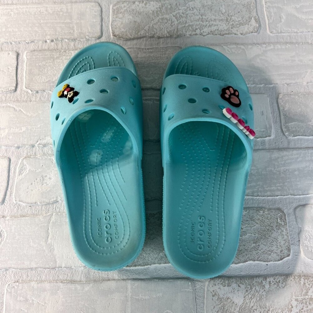 Crocs Classic Men 5 Women 7 Blue Green Strap Slide Unisex Iconic Sandals‎ Charms - Picture 5 of 14